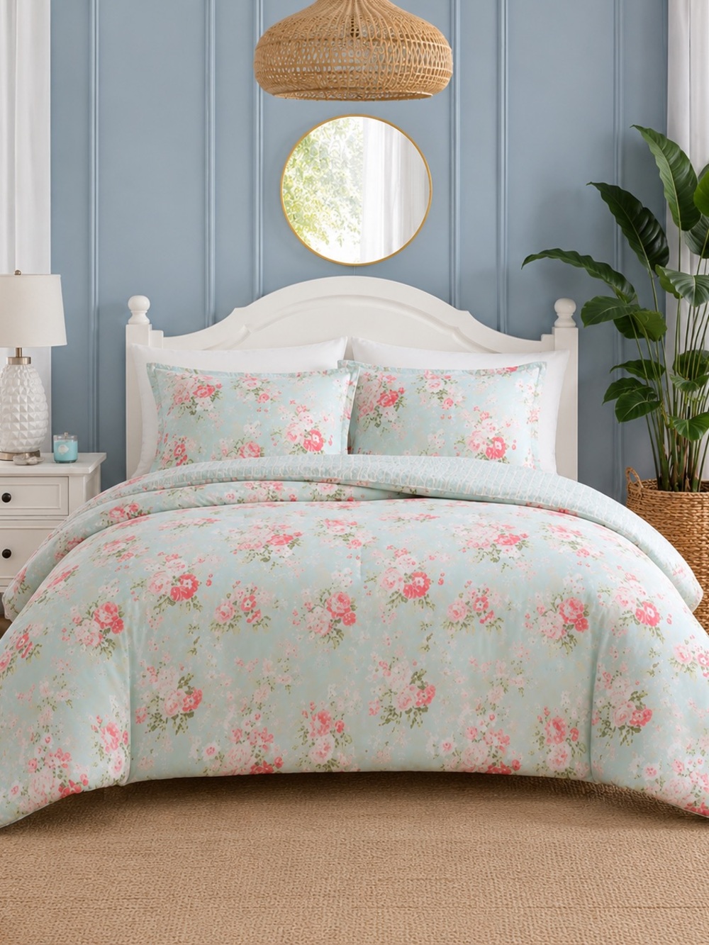 Laura Ashley Full Queen Floral Cotton Comforter Set New Cottage Aqua Pink